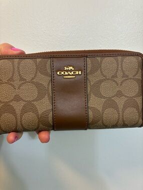 Coach Brown Signature PVC Leather Accordian Zip Wallet